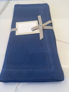 Williams Sonoma French Blue Linen Hemstitched Placemats Set of 4 NWT